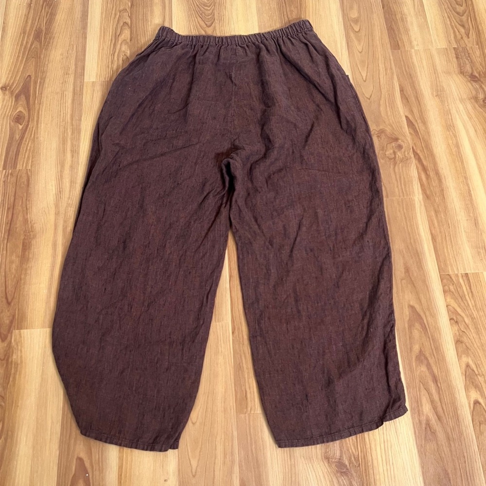 FLAX Linen Pants Lagenlook Womens Floods Wide Leg Elastic Waist Large Brown